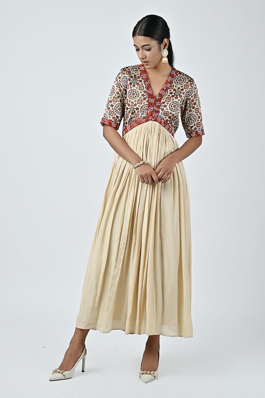 Beige Sway Embellished Ajrakh Dress