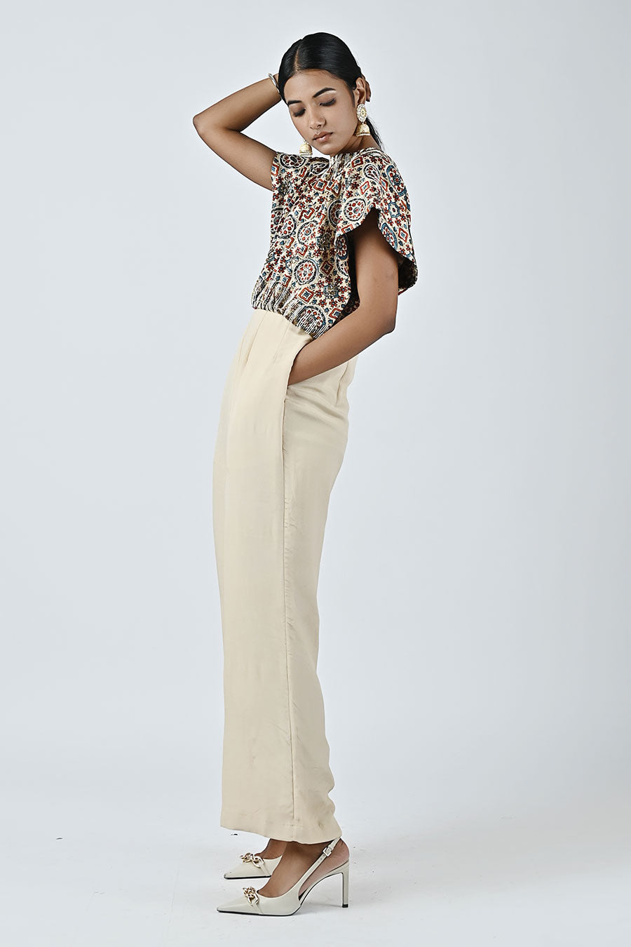 Beige Embellished Ajrakh Jumpsuit