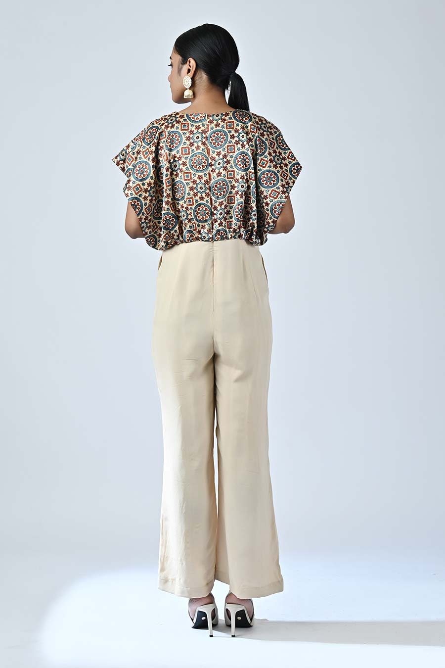 Beige Embellished Ajrakh Jumpsuit