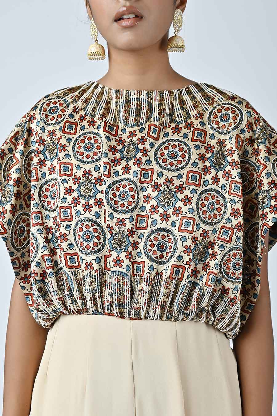 Beige Embellished Ajrakh Jumpsuit