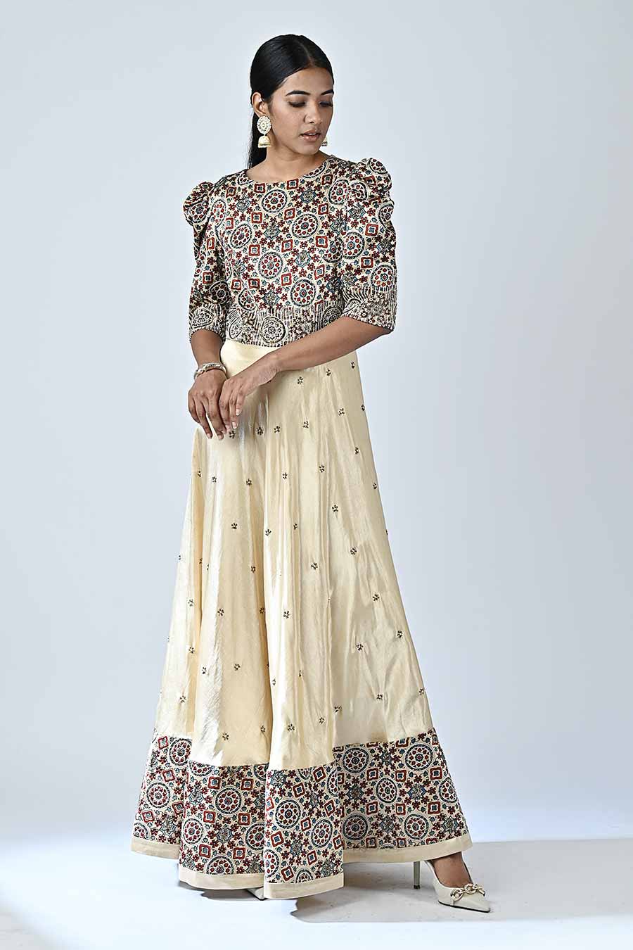 Beige Adhira Embellished Ajrakh Anarkali