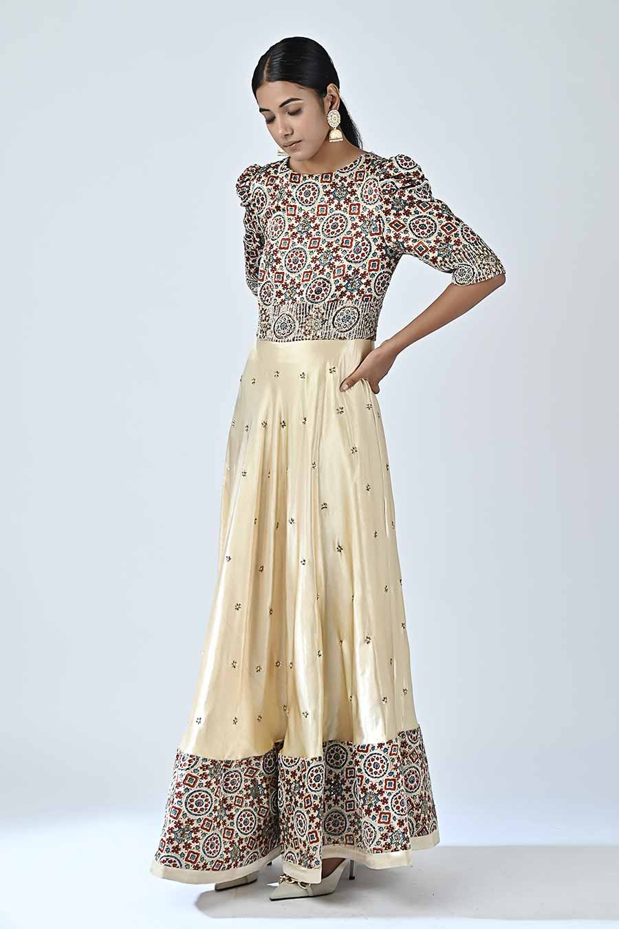 Beige Adhira Embellished Ajrakh Anarkali