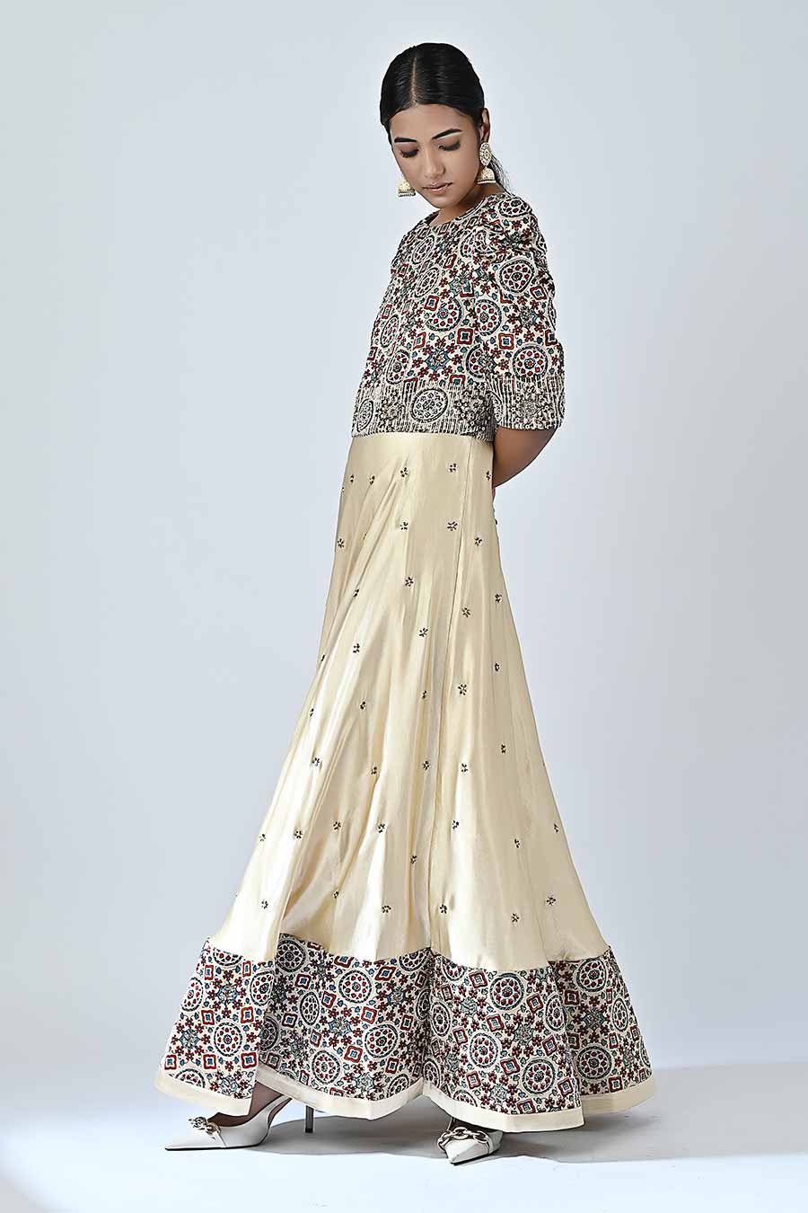 Beige Adhira Embellished Ajrakh Anarkali