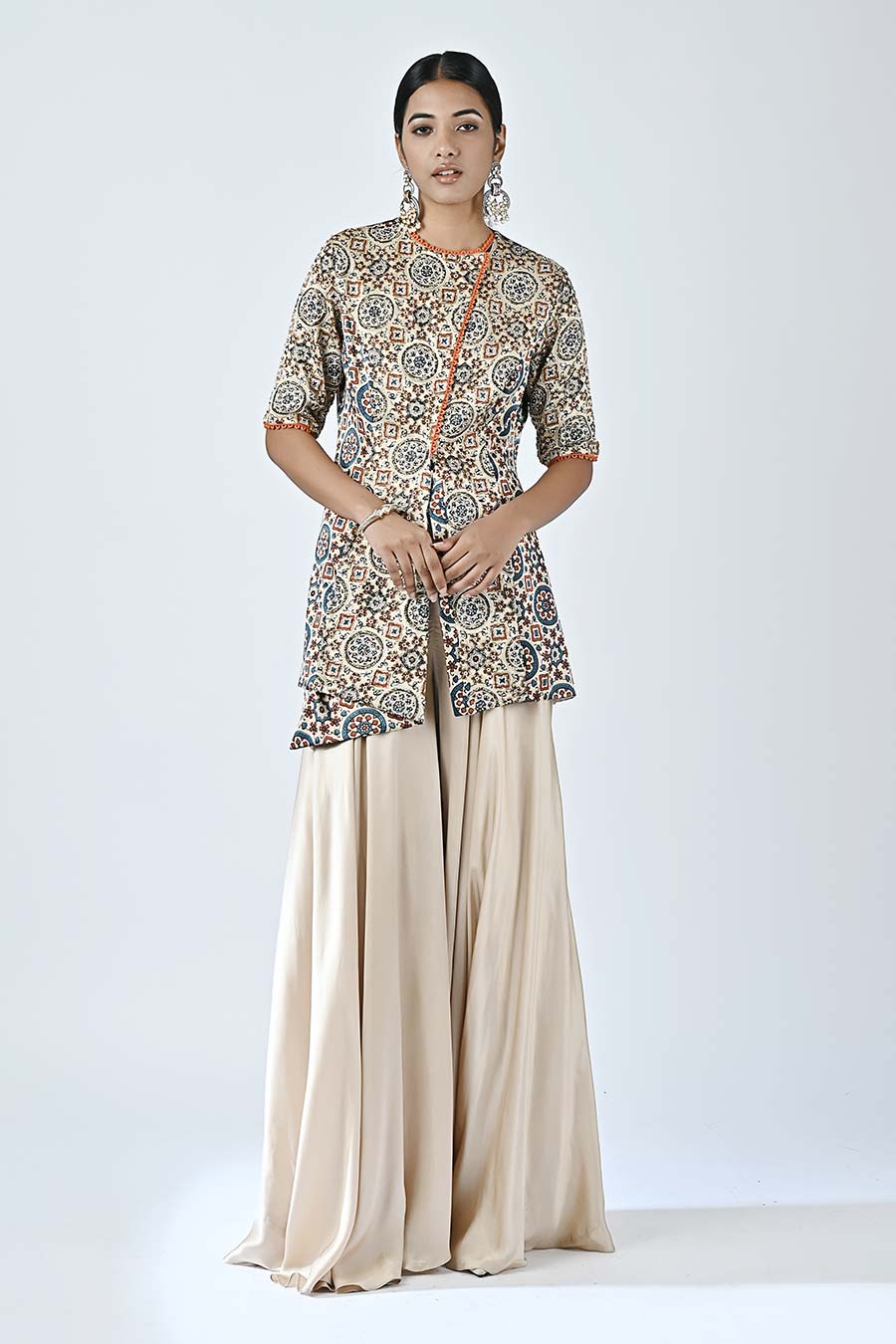 Beige Embellished Ajrakh Top and Pant Set