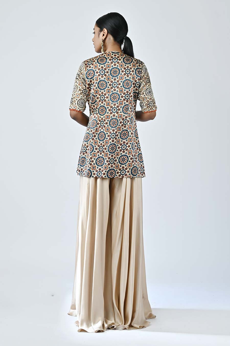 Beige Embellished Ajrakh Top and Pant Set