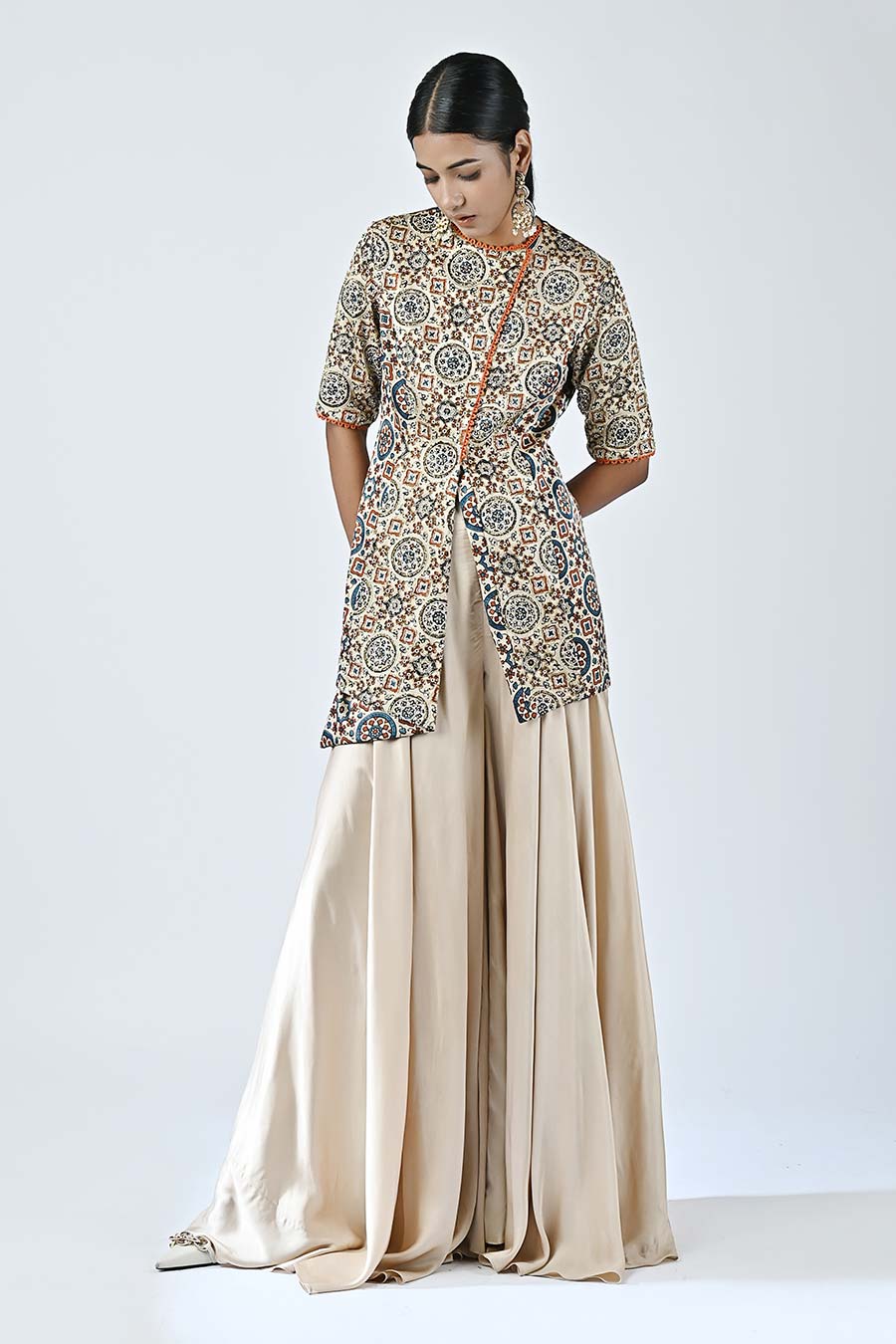 Beige Embellished Ajrakh Top and Pant Set