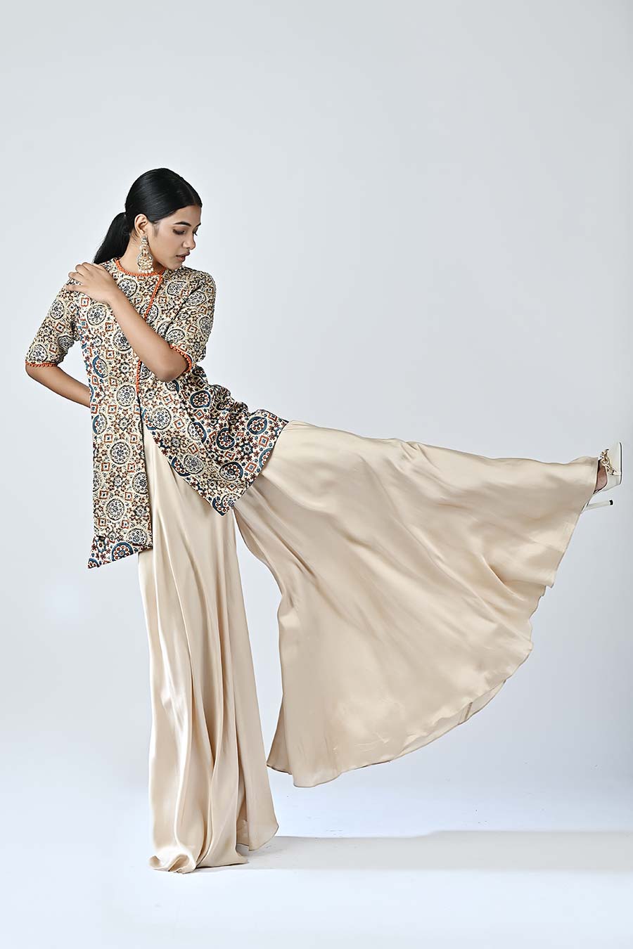 Beige Embellished Ajrakh Top and Pant Set