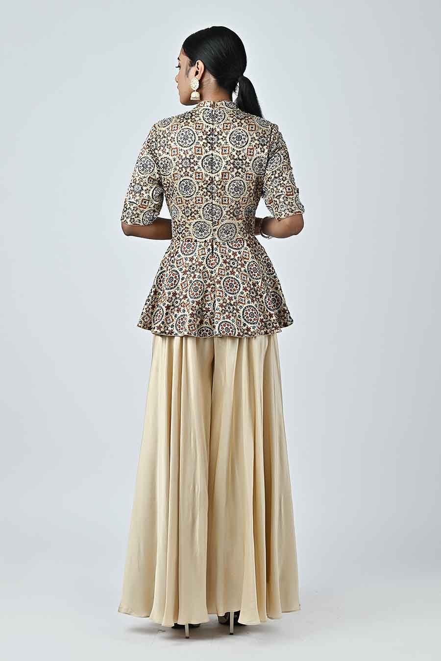 Beige Embellished Ajrakh Peplum Jumpsuit