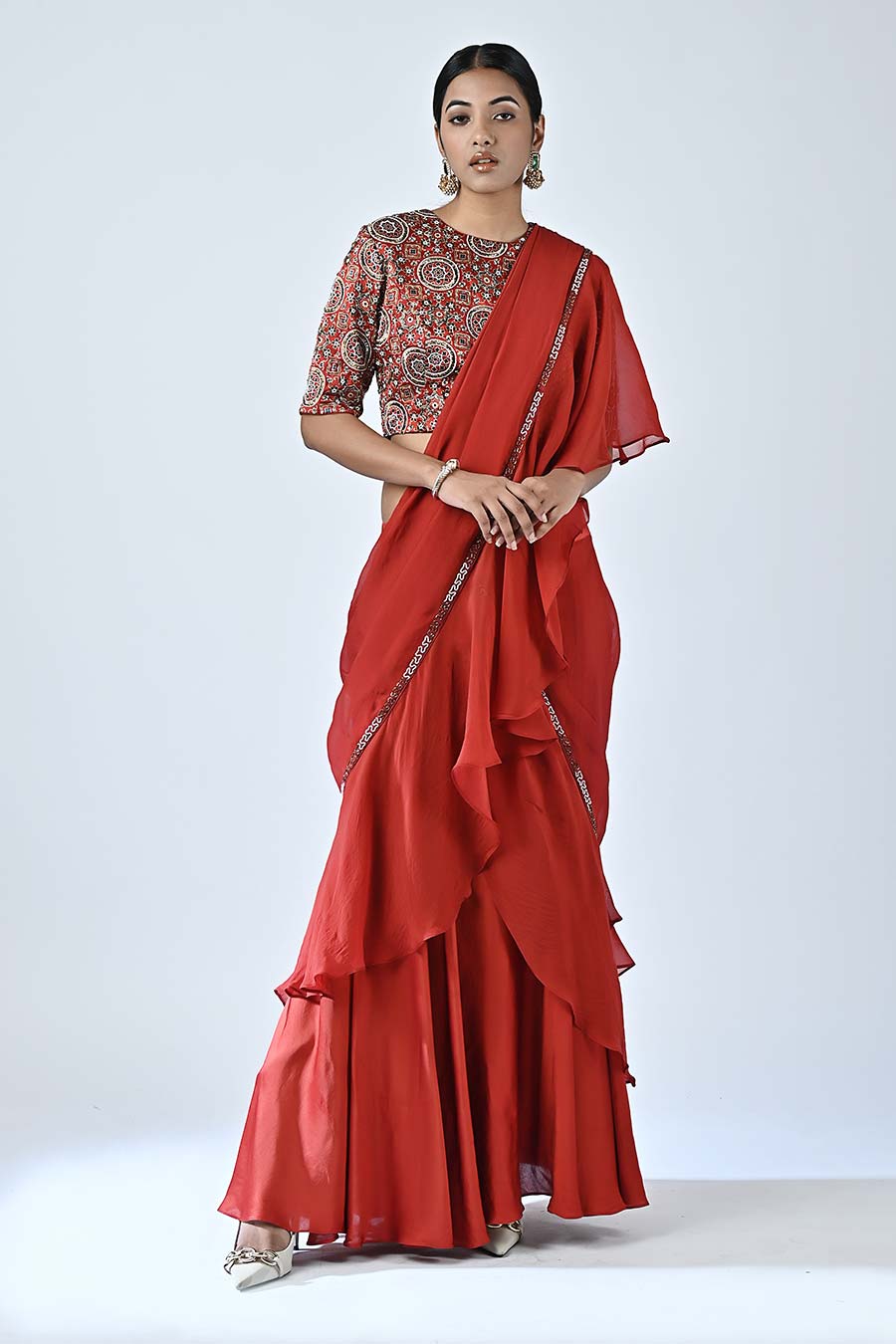 Red Sarge Ajrakh Drape Saree