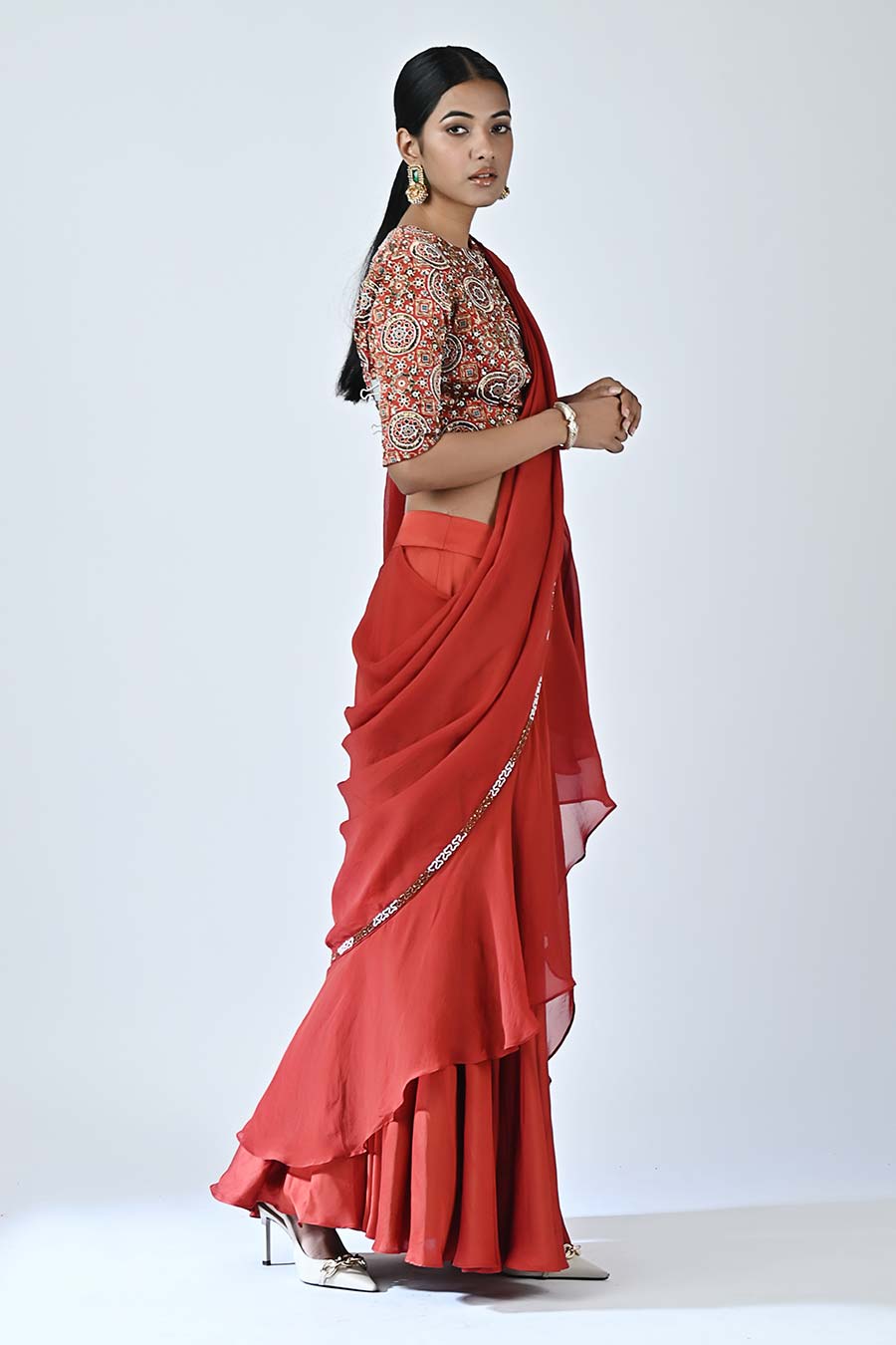 Red Sarge Ajrakh Drape Saree