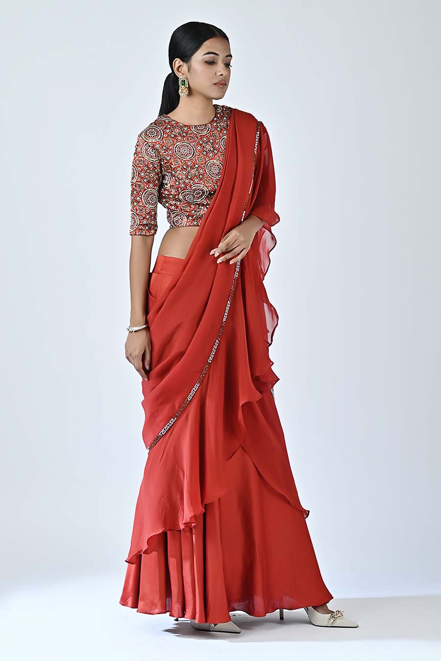 Red Sarge Ajrakh Drape Saree