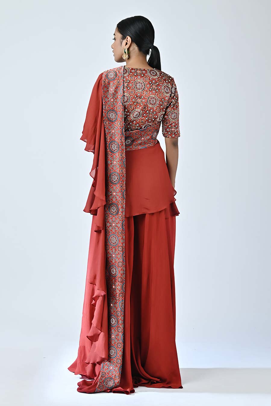 Red Ajrakh Blouse with Ruffled Dupatta and Pants