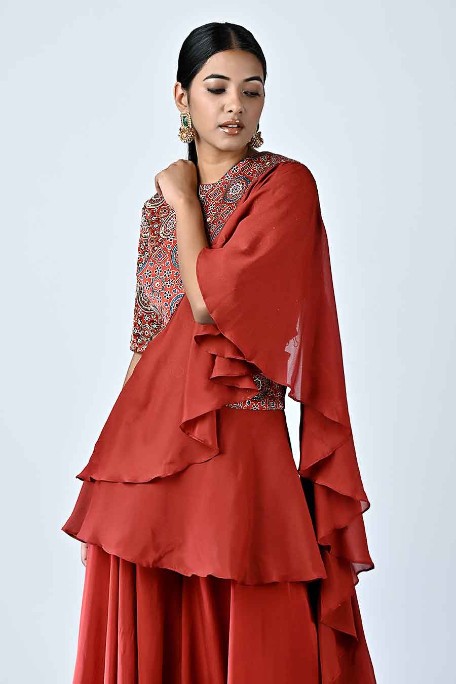 Red Ajrakh Blouse with Ruffled Dupatta and Pants