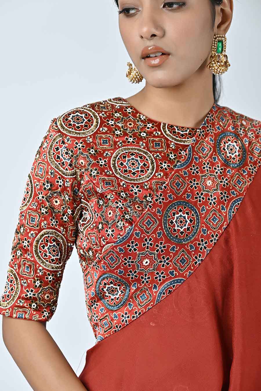 Red Ajrakh Blouse with Ruffled Dupatta and Pants