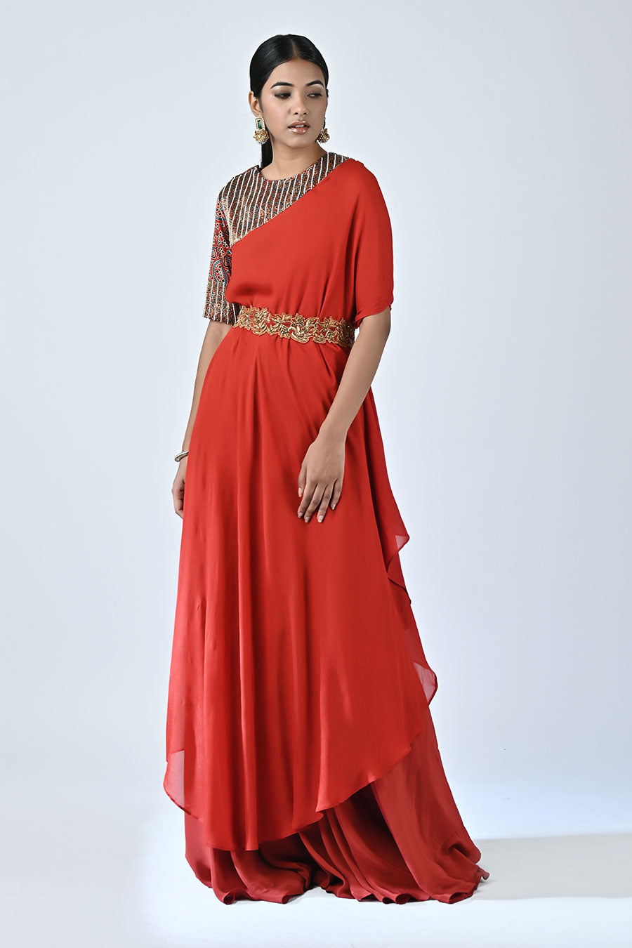 Red Mirai Ajrakh Kaftan and Pant Set