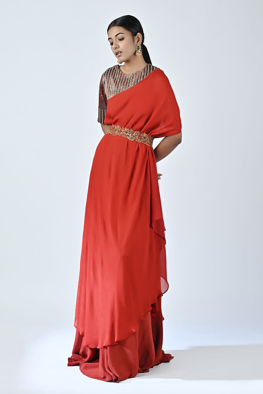 Red Mirai Ajrakh Kaftan and Pant Set