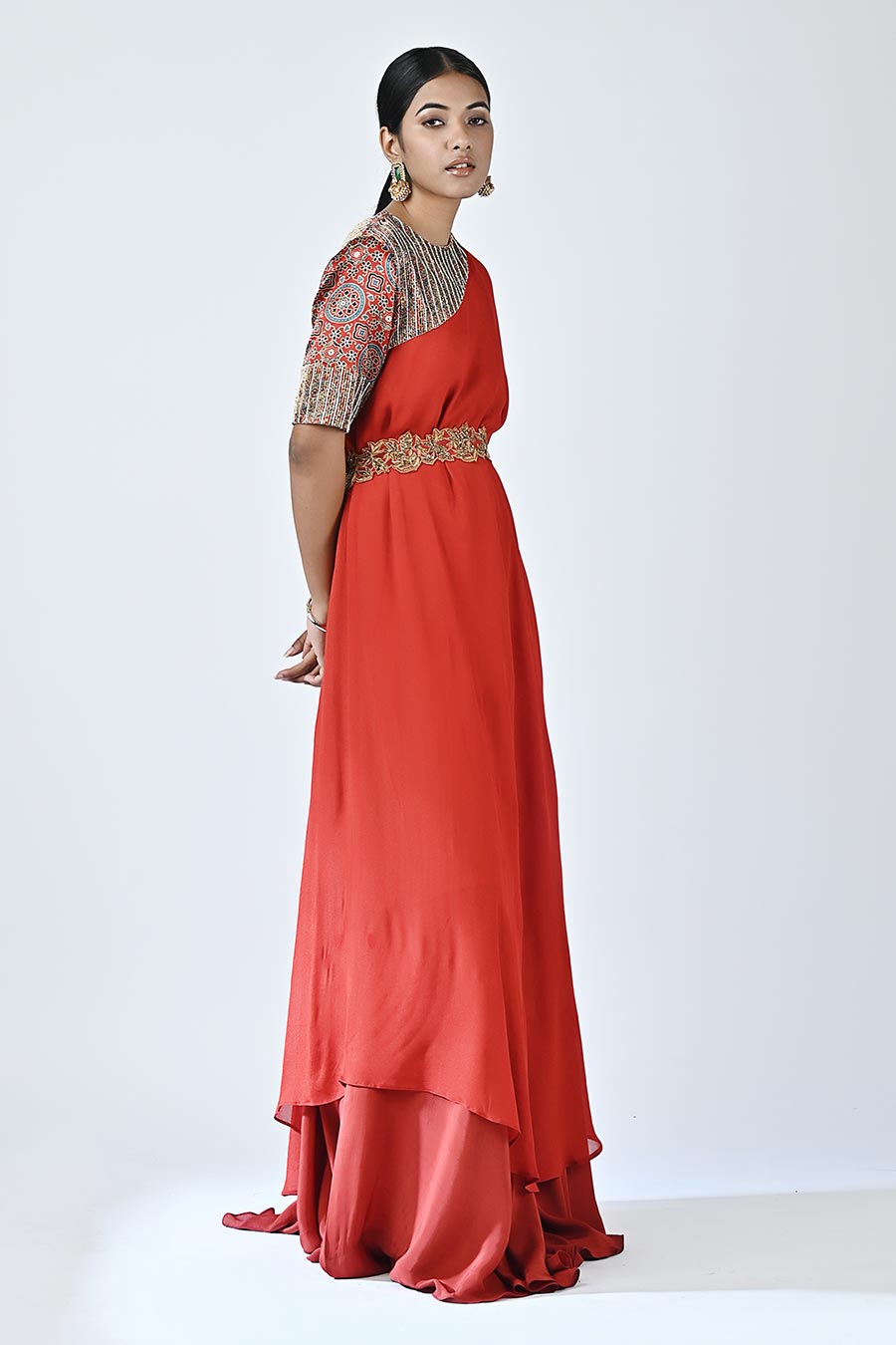 Red Mirai Ajrakh Kaftan and Pant Set