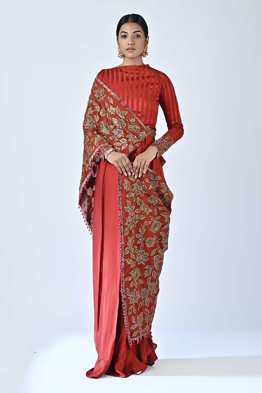 Red Rebecca Ajrakh Gown Saree