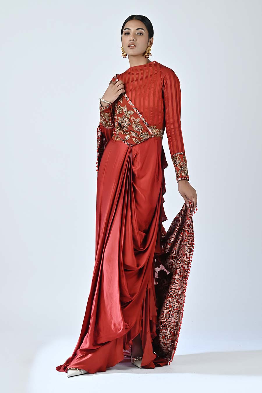 Red Rebecca Ajrakh Gown Saree