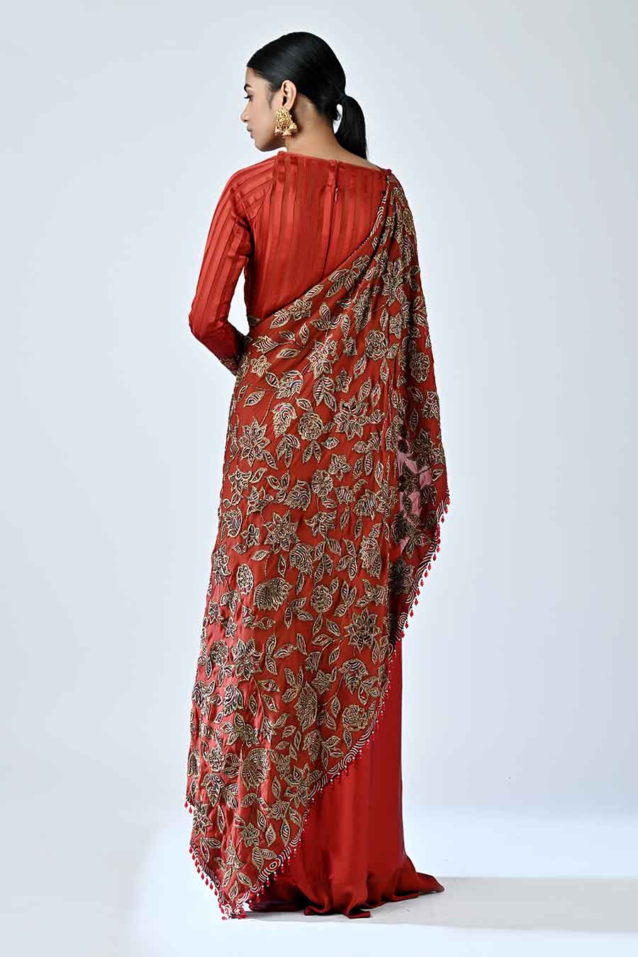 Red Rebecca Ajrakh Gown Saree