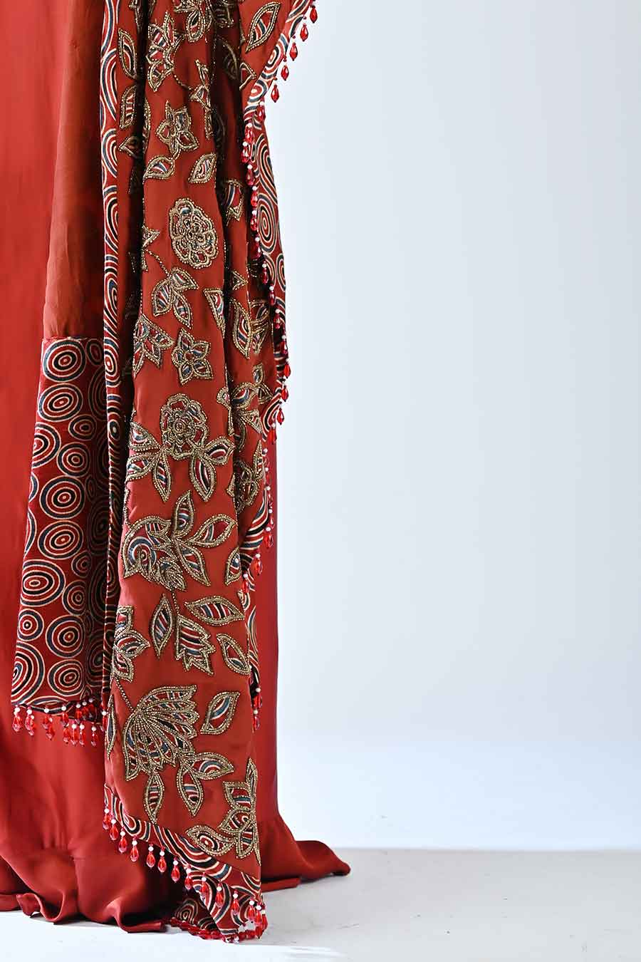 Red Rebecca Ajrakh Gown Saree