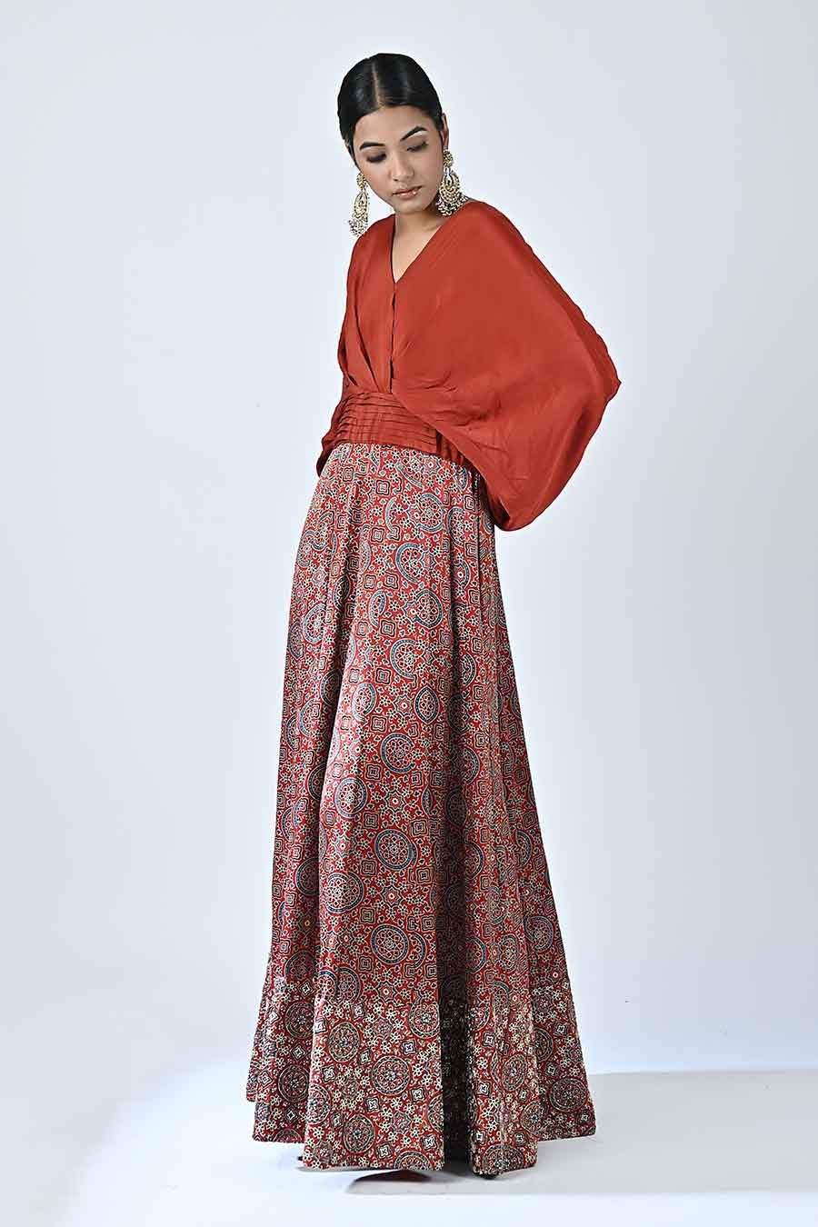 Red Shezaa Ajrakh Drape Gown