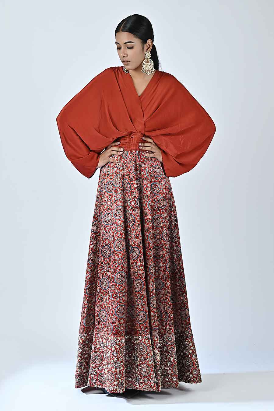 Red Shezaa Ajrakh Drape Gown