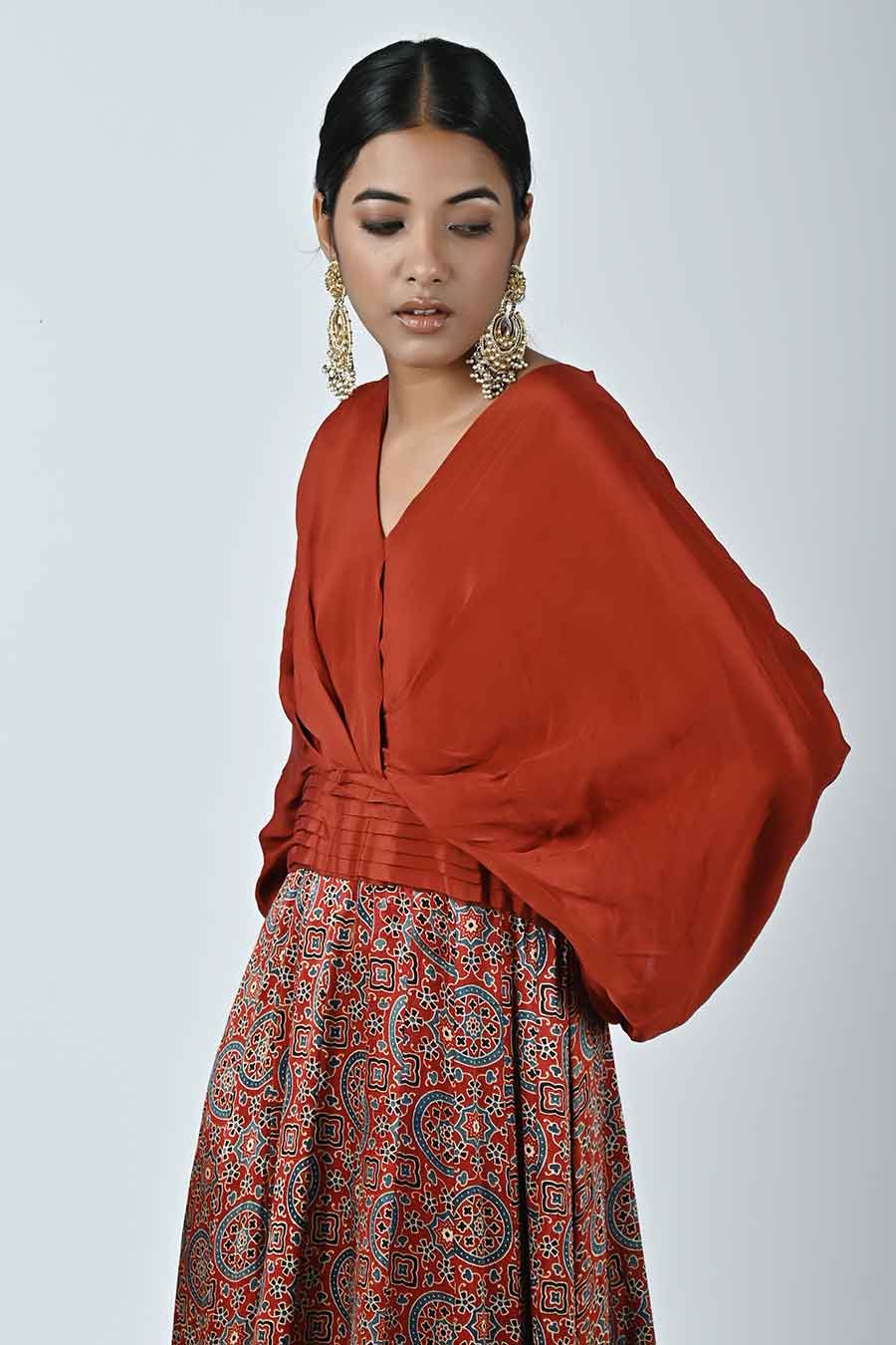 Red Shezaa Ajrakh Drape Gown