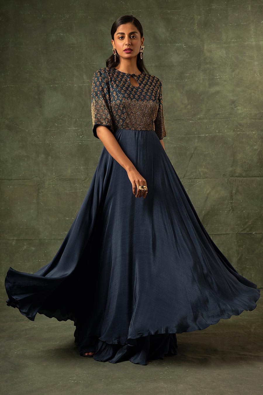 Blue Ajrakh Embroidered A-Line Gown