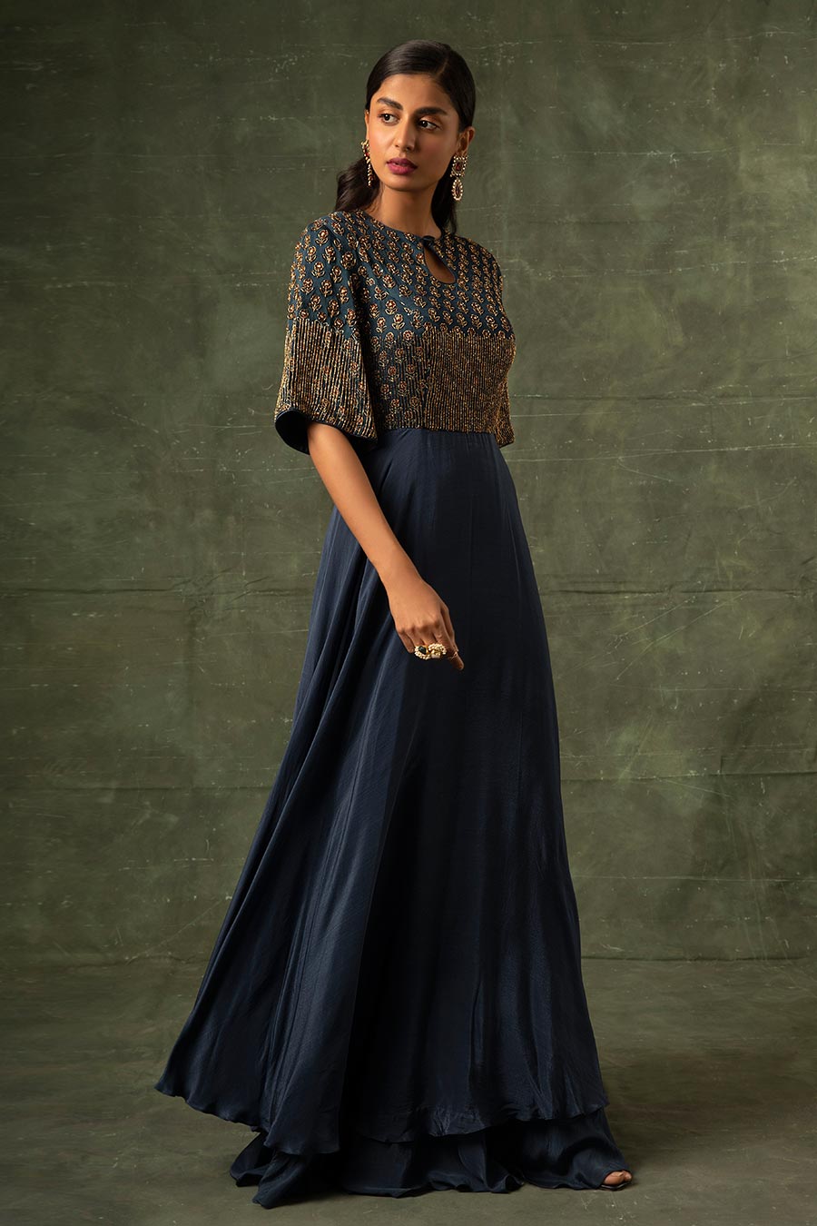 Blue Ajrakh Embroidered A-Line Gown