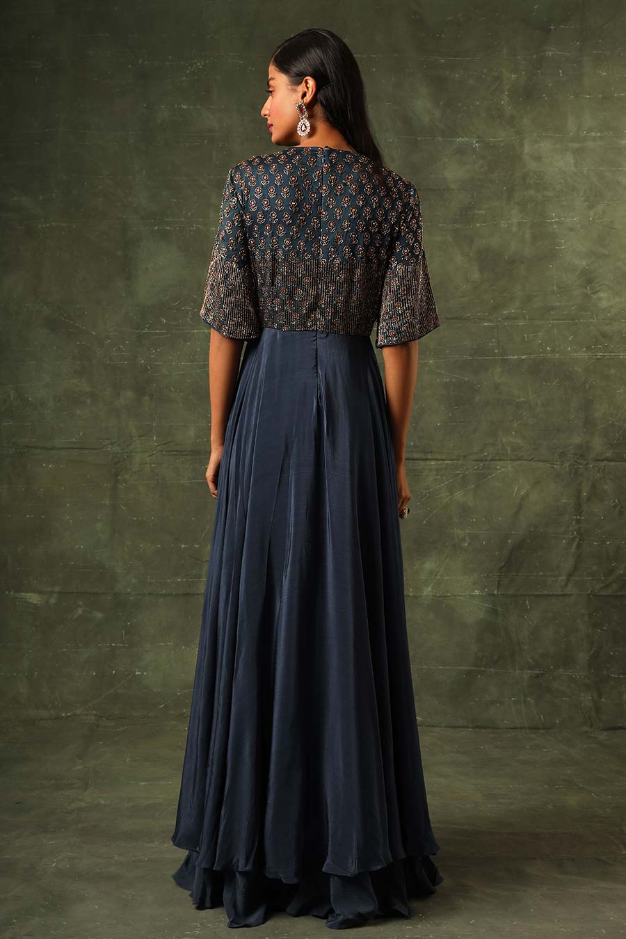 Blue Ajrakh Embroidered A-Line Gown