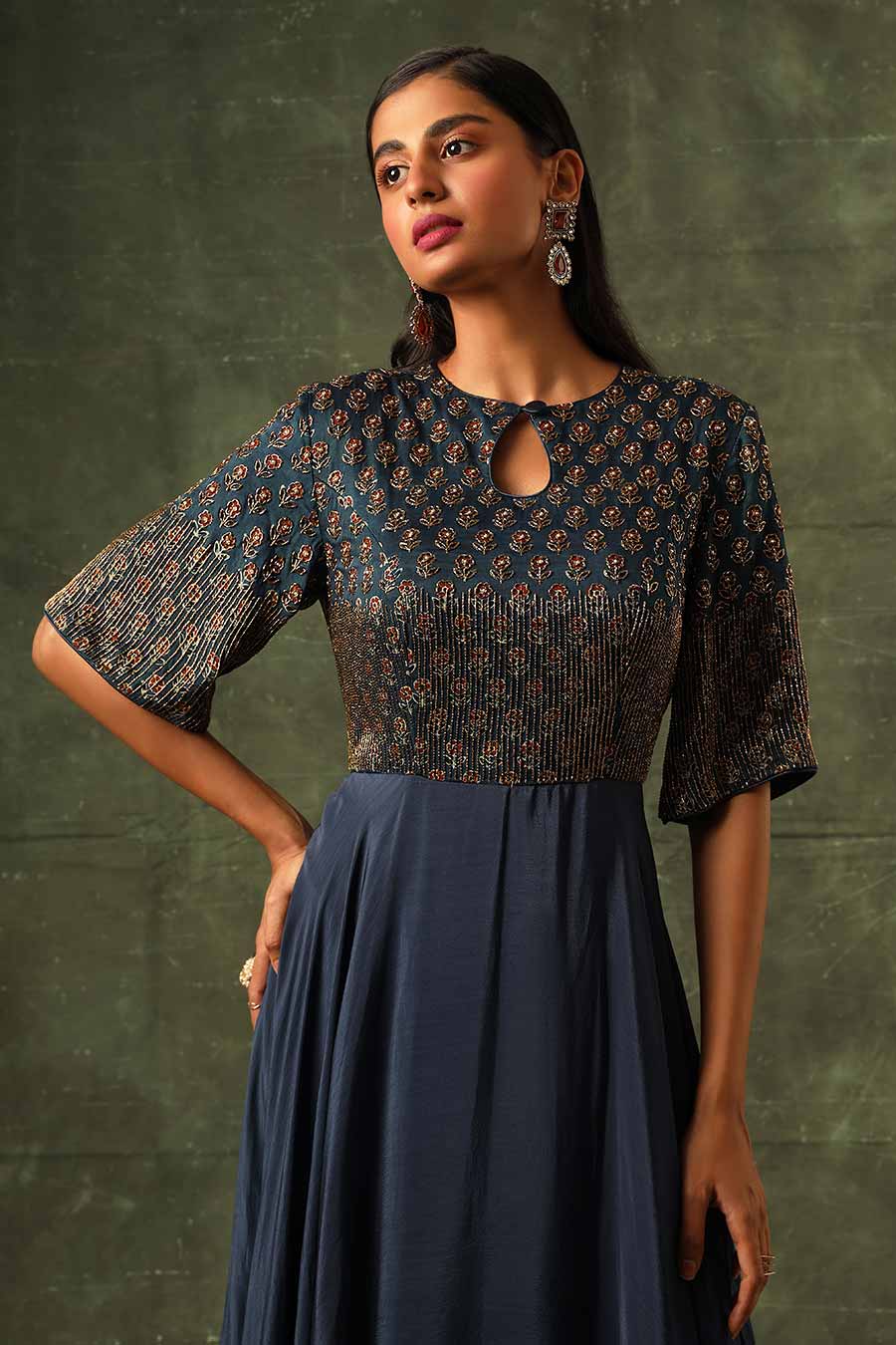 Blue Ajrakh Embroidered A-Line Gown