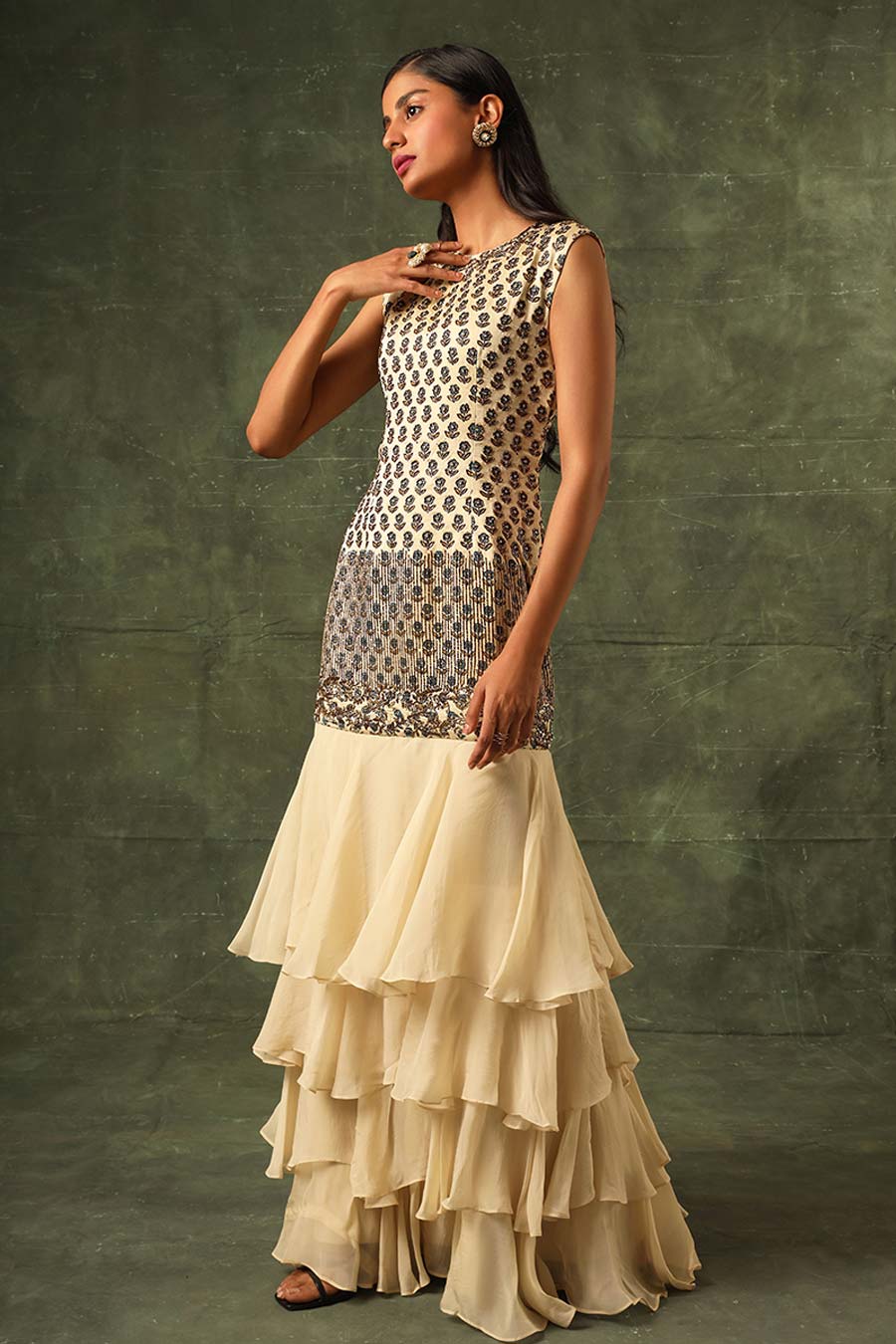 Beige Ajrakh Embroidered Ruffle Dress