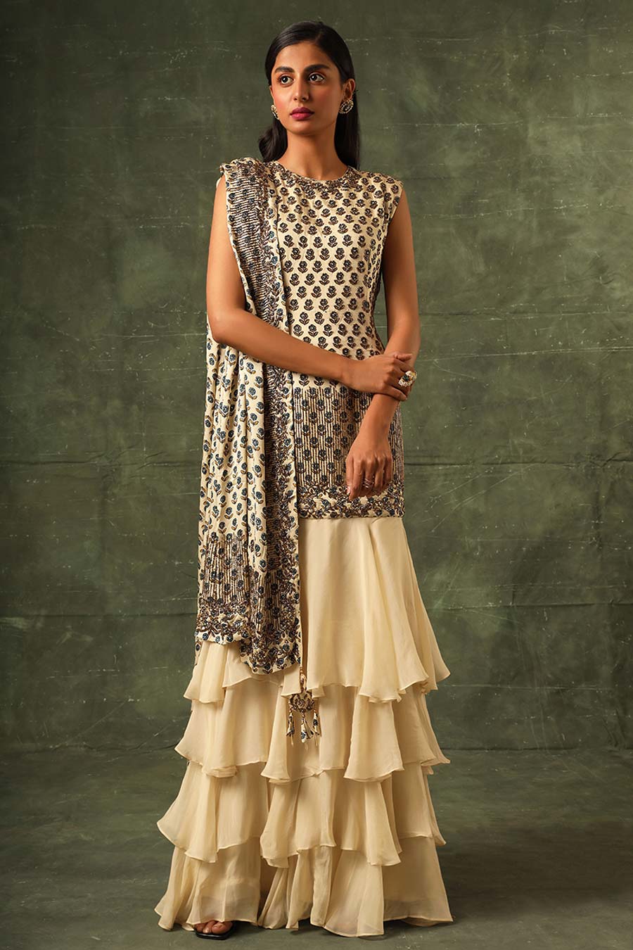 Beige Ajrakh Embroidered Ruffle Dress
