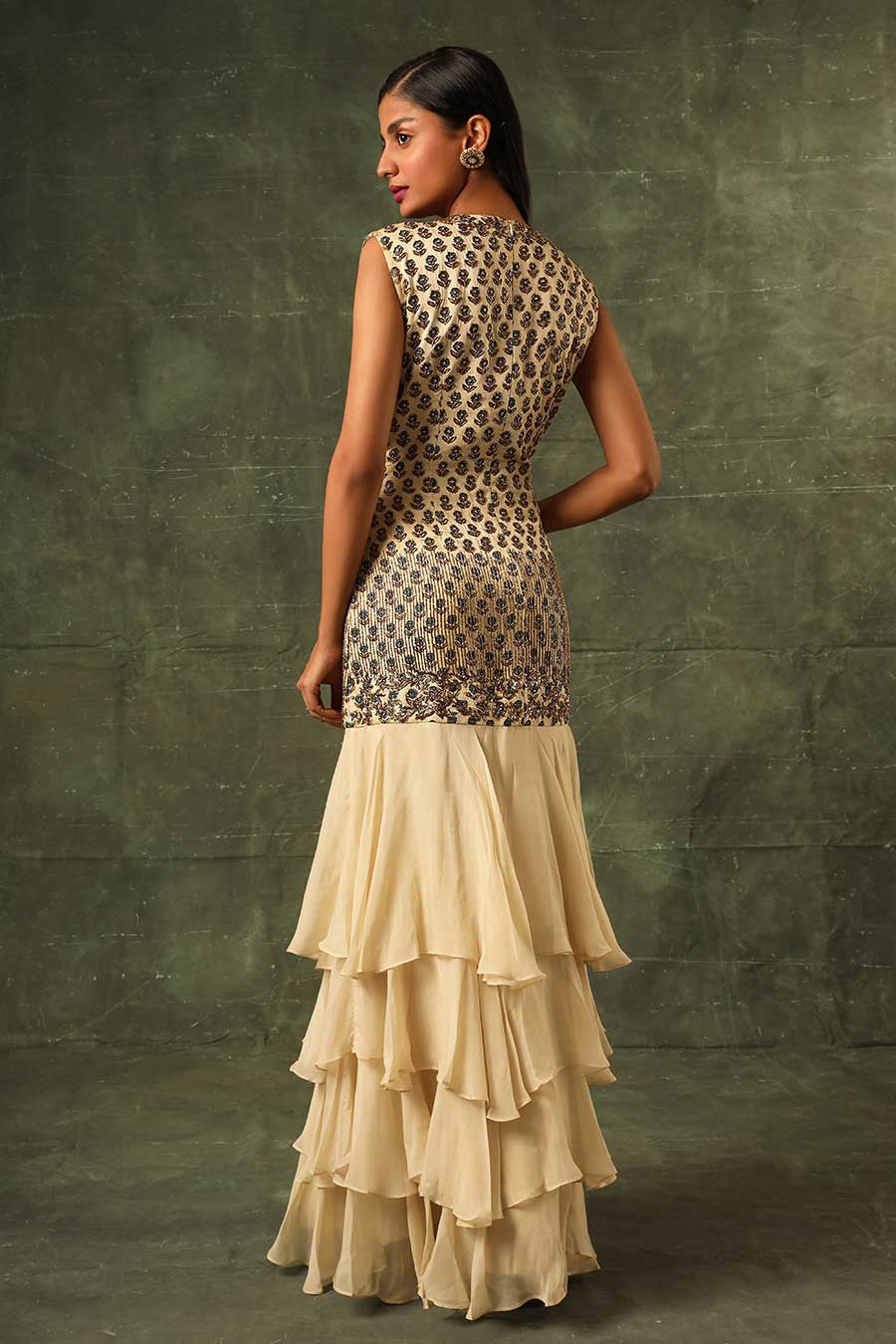 Beige Ajrakh Embroidered Ruffle Dress