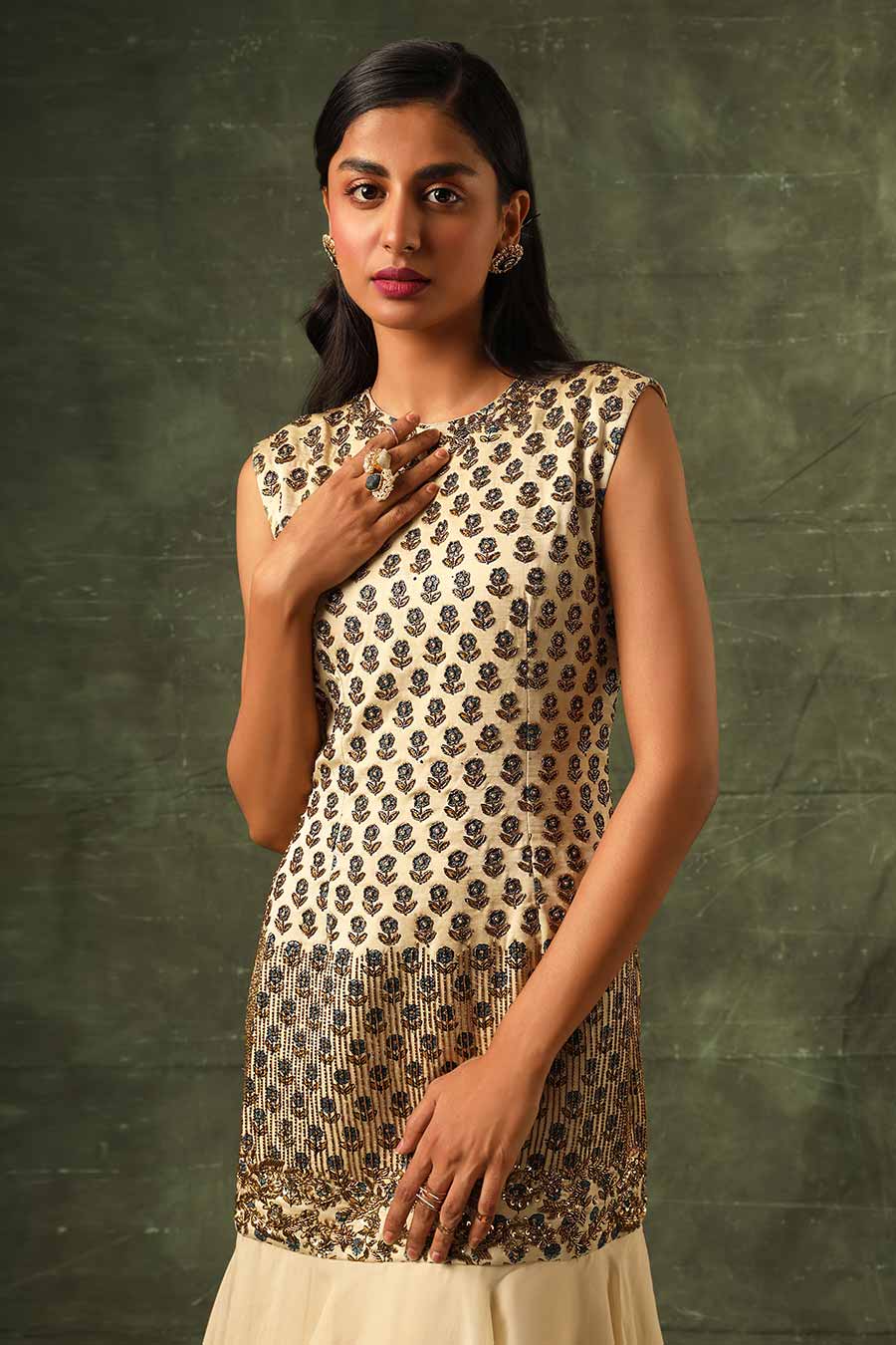 Beige Ajrakh Embroidered Ruffle Dress