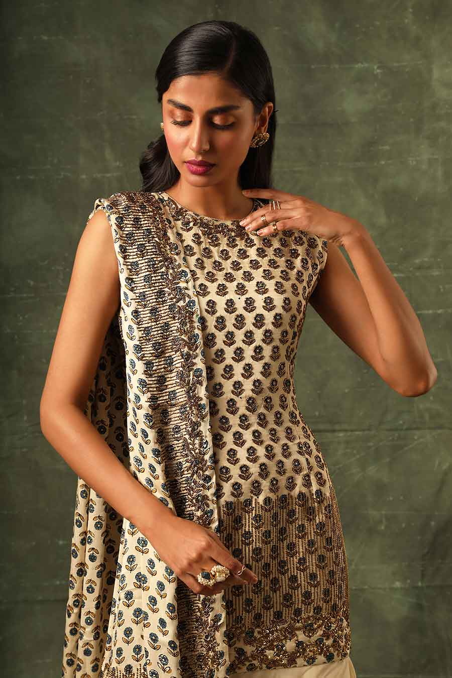 Beige Ajrakh Embroidered Ruffle Dress