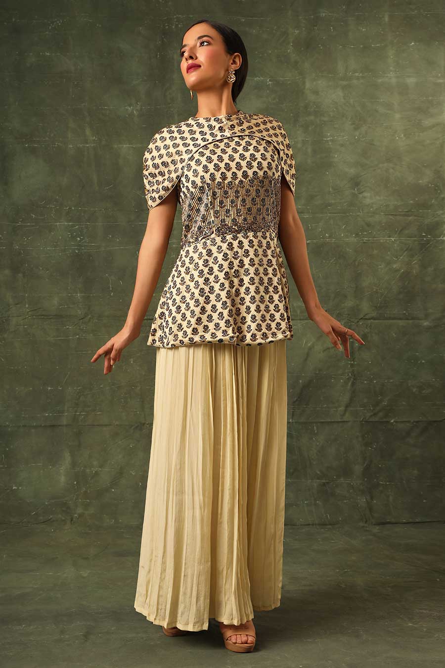 Beige Ajrakh Embroidered Peplum Top & Pant Set