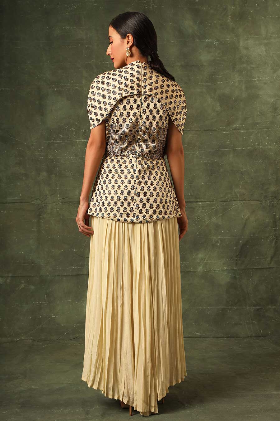 Beige Ajrakh Embroidered Peplum Top & Pant Set