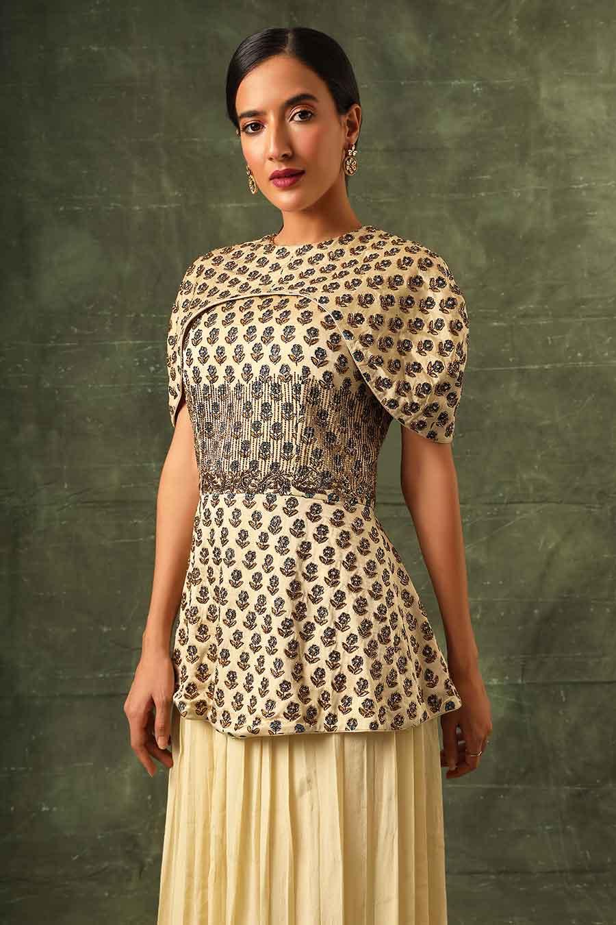 Beige Ajrakh Embroidered Peplum Top & Pant Set
