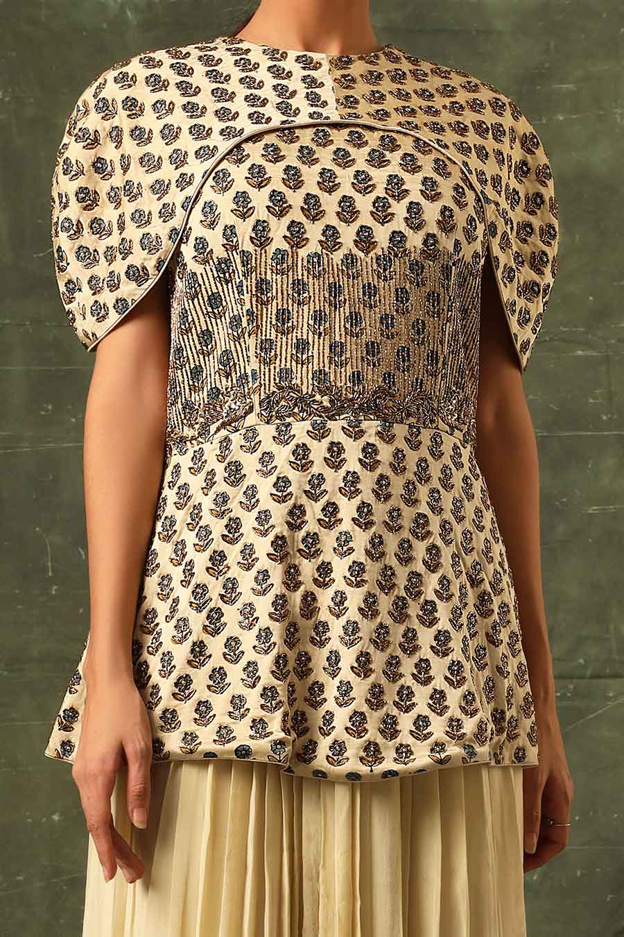 Beige Ajrakh Embroidered Peplum Top & Pant Set