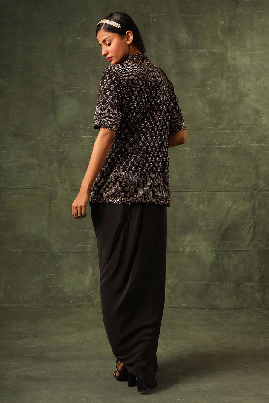 Black Ajrakh Embroidered Jacket & Draped Skirt Set