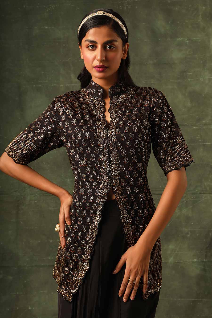 Black Ajrakh Embroidered Jacket & Draped Skirt Set