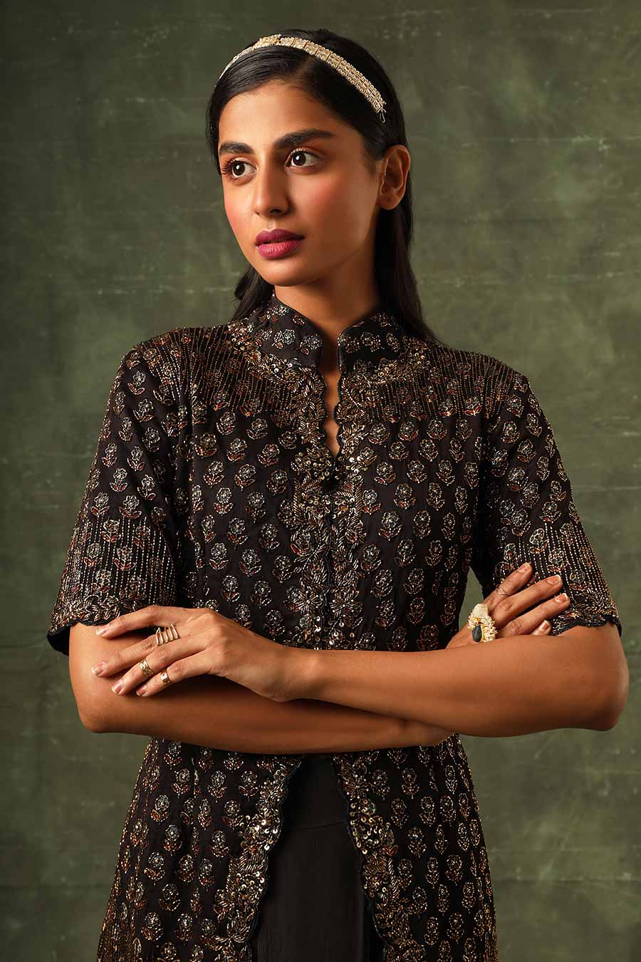 Black Ajrakh Embroidered Jacket & Draped Skirt Set