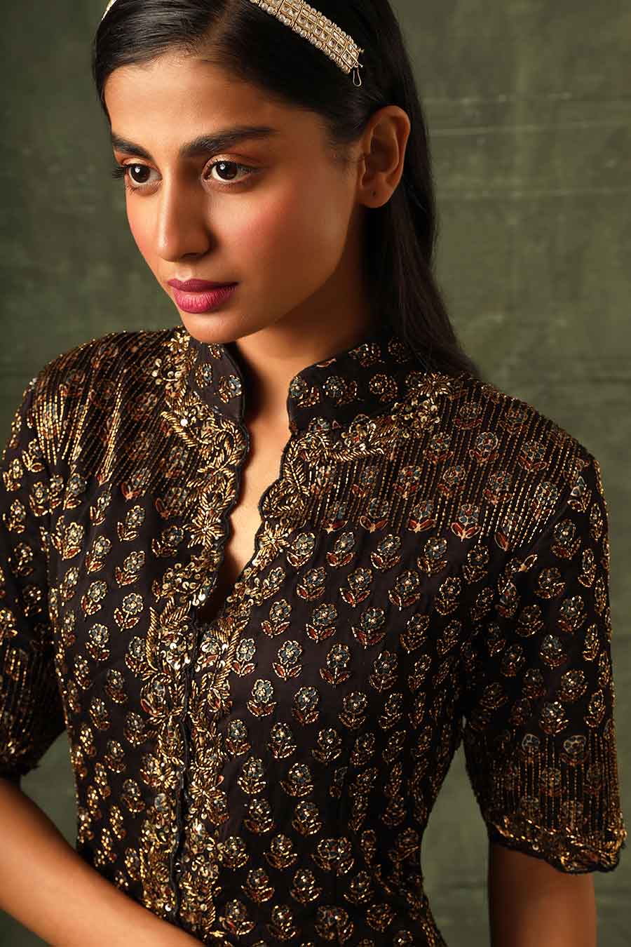 Black Ajrakh Embroidered Jacket & Draped Skirt Set