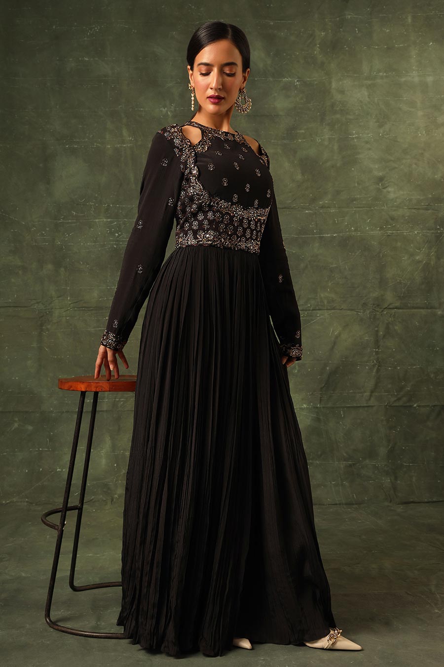 Black Ajrakh Embroidered Gathered Gown
