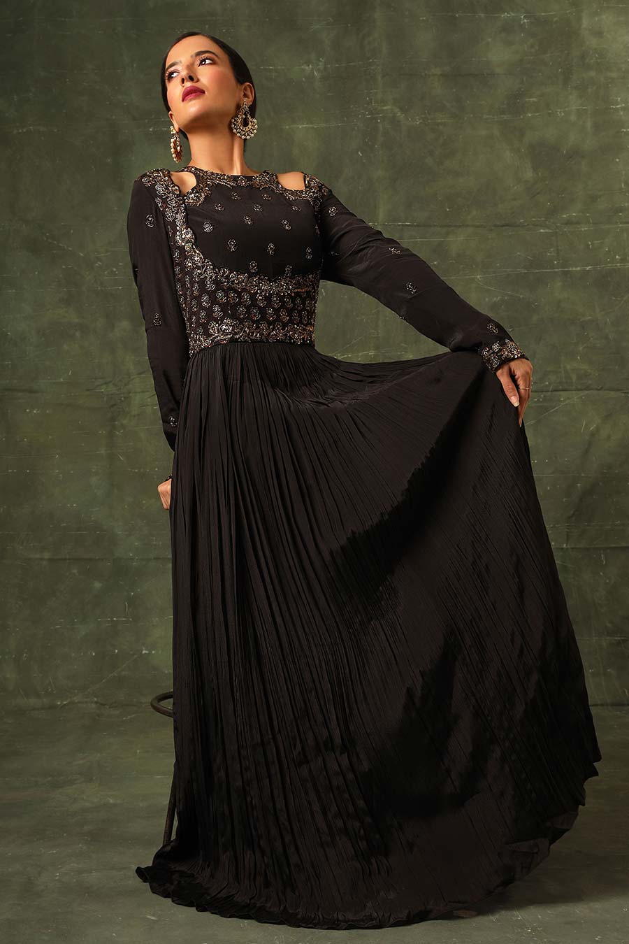 Black Ajrakh Embroidered Gathered Gown