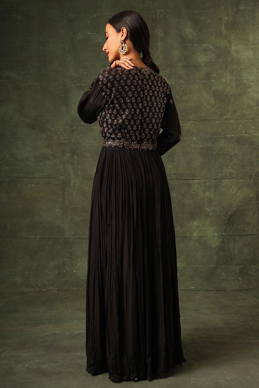 Black Ajrakh Embroidered Gathered Gown