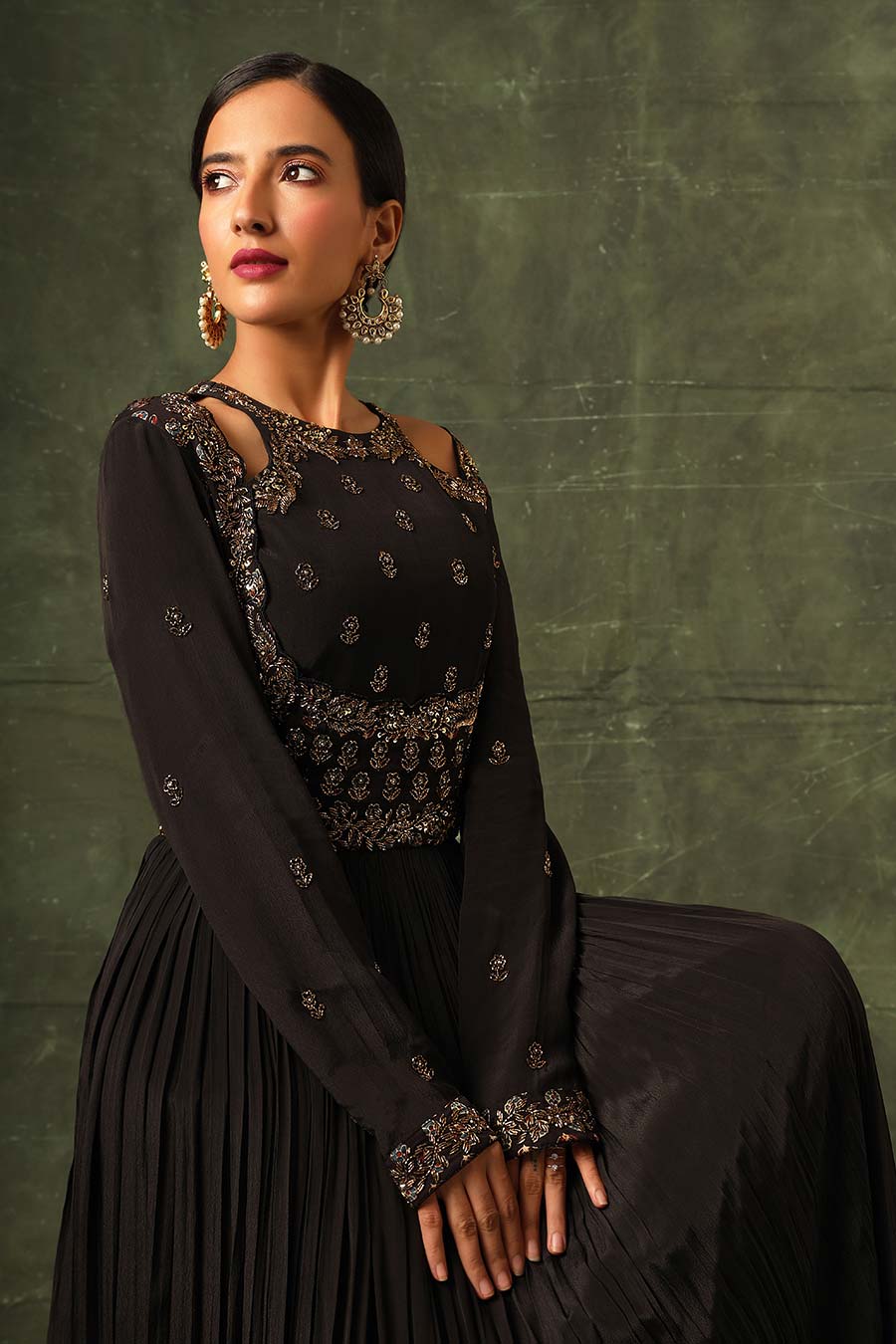 Black Ajrakh Embroidered Gathered Gown