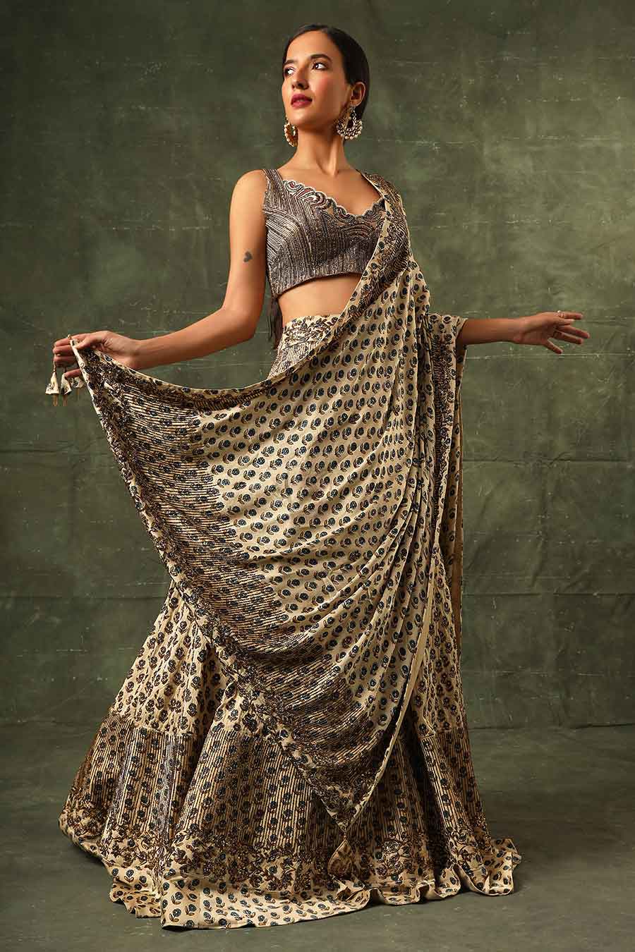 Beige Ajrakh Embroidered Lehenga Set